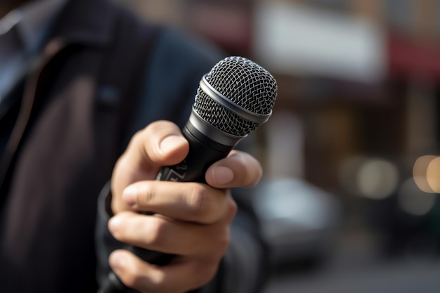 A news reporter's hand holding a microphone