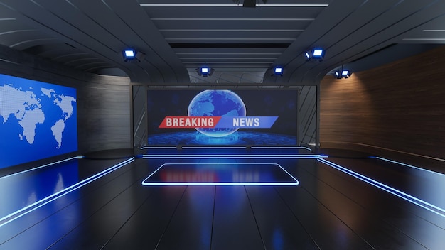 News Studio, achtergrond voor tv-shows .TV op Wall.3D virtuele nieuwsstudio achtergrond, 3d illustratie