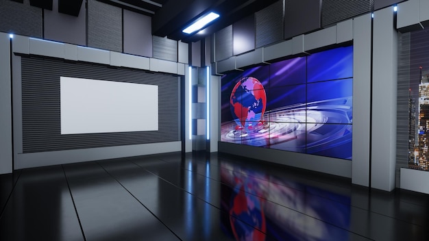 News Studio, achtergrond voor tv-shows .TV op Wall.3D virtuele nieuwsstudio achtergrond, 3d illustratie