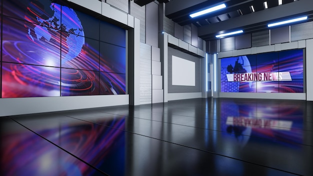 News Studio, achtergrond voor tv-shows .TV op Wall.3D virtuele nieuwsstudio achtergrond, 3d illustratie