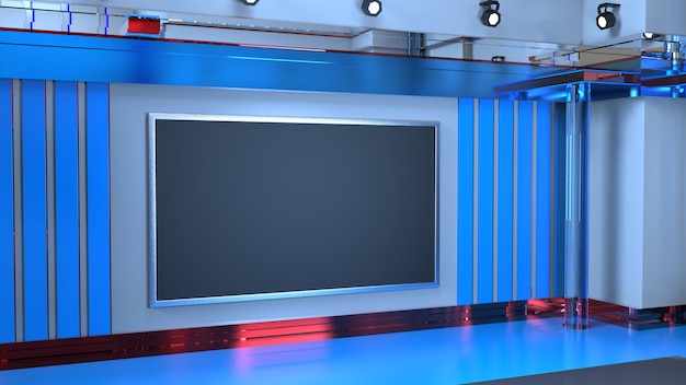 News Studio, achtergrond voor tv-shows .TV op Wall.3D virtuele nieuwsstudio achtergrond, 3d illustratie