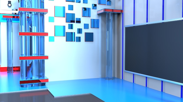 News Studio, achtergrond voor tv-shows .TV op Wall.3D virtuele nieuwsstudio achtergrond, 3d illustratie