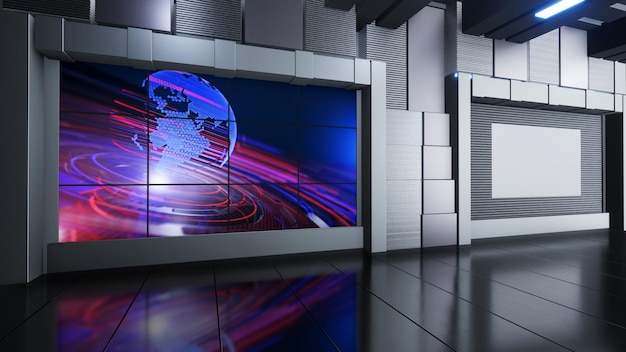 News Studio, Backdrop For TV Shows .TV On Wall. 3D Virtual News Studio Background, 3d illustration