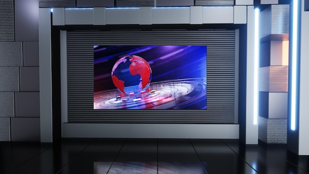 Studio di notizie, sfondo per spettacoli televisivi .tv su parete. 3d sfondo di studio di notizie virtuali, illustrazione 3d