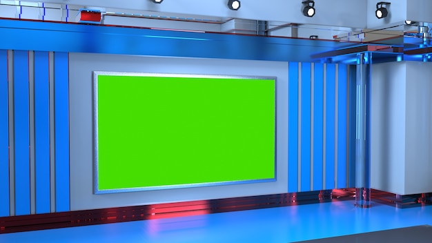Studio di notizie, sfondo per spettacoli televisivi .tv su parete. 3d sfondo di studio di notizie virtuali, illustrazione 3d