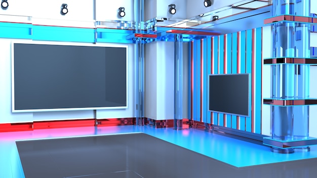 Foto studio di notizie, sfondo per spettacoli televisivi .tv su parete. 3d sfondo di studio di notizie virtuali, illustrazione 3d