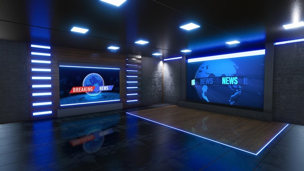 TV에 대한 뉴스 스튜디오 배경 Wall3D 가상 뉴스 스튜디오 배경 3d 일러스트에 TV를 보여줍니다