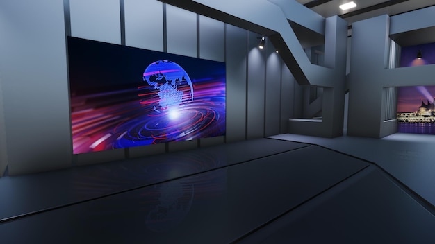 ニュース・スタジオ・バックグラウンド 3Dイラスト テレビ・オン・ウォール 3D バーチャル・ニュース・スタジオ 背景 3D イラスト