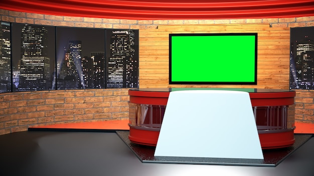 News Studio For TV Shows TV On Wall. 3D Virtual News Studio