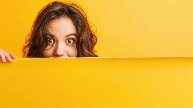 Photo news wall beautiful playful girlfriend poses behind empty blank space on vibrant yellow background