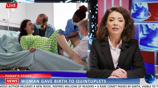 Ведущая новостей рассказывает о новорожденной матери, рожающей пятерых детей, обсуждает боль при родах, женщина-ведущая вещает о чудесах родов, новостной канал