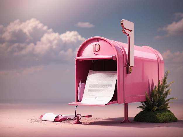 Photo newsletter concept pink mailbox with a letter of inspiration