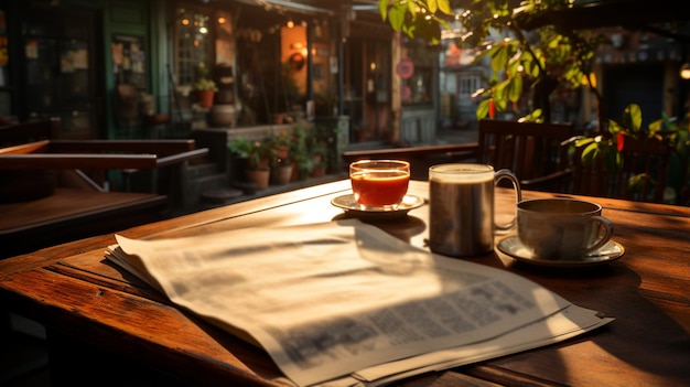 테이블 위에 신문과 커피