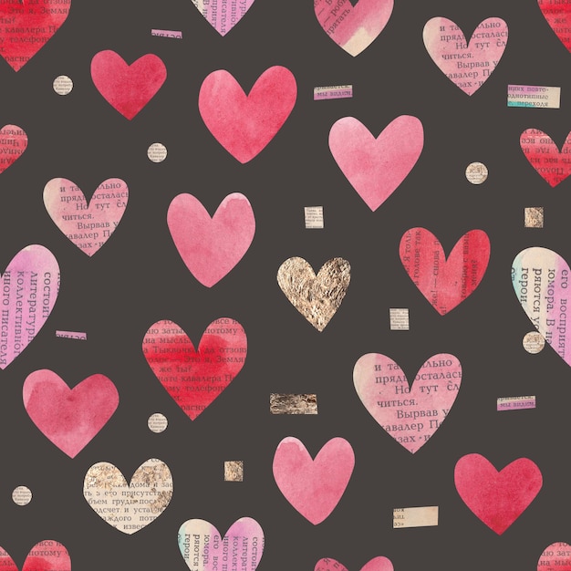 Newspaper hearts Collage Watercolor illustration Seamless pattern