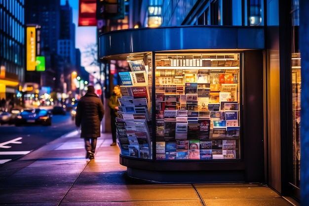 A newspaper stand on a busy urban street wallpaper