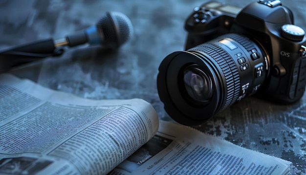 Newspaper with microphone and photo camera on dark background closeup