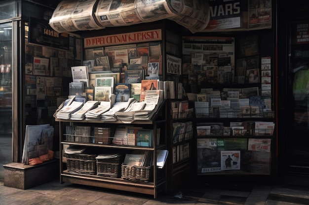 A newsstand with newspapers and magazines
