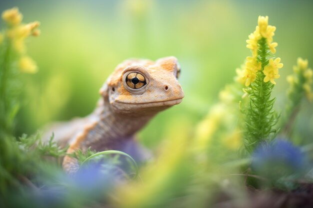 Newt amidst a patch of wildflowers and greenery