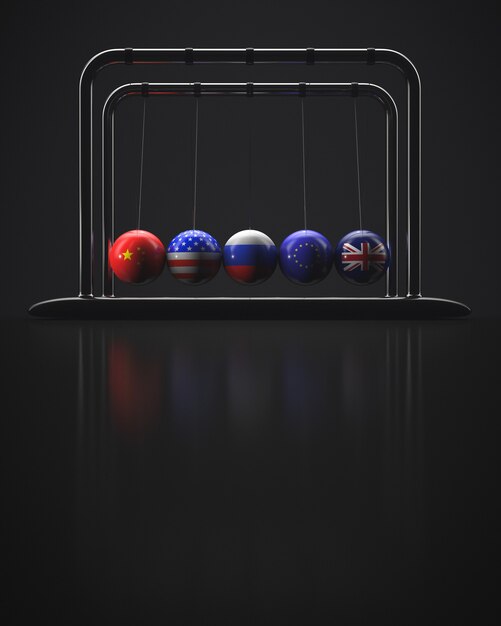 Photo newton's cradle. balloons with state symbols of china, usa, russia, european union and great britain. geopolitical topics