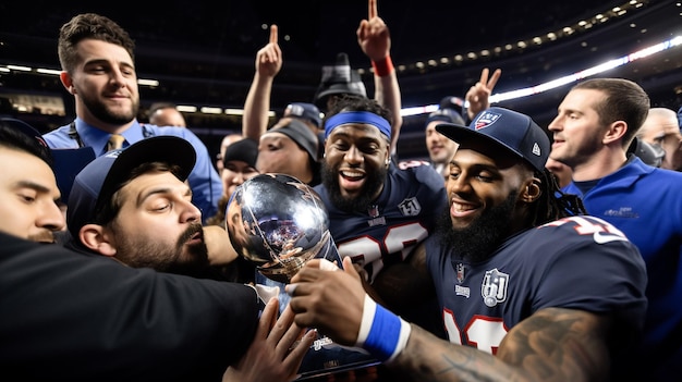 The nfl team celebrates with the trophy.