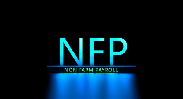 Текстовая концепция NFP Non Farm payrolls неоновый баннер 3D рендеринг
