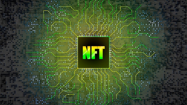 NFT 3D-beeld Blockchain Niet-fungible Token-idee Computerchip NFT digitale achtergrond