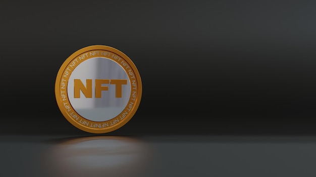 Вид спереди золотой монеты NFT 3D с пустым черным фоном