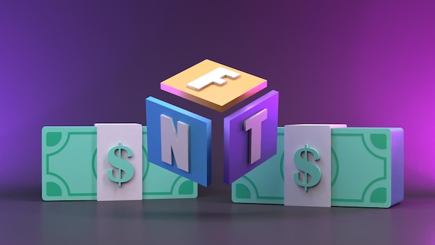 NFT composition from multicolored cubes and money Crypto concept 3d render