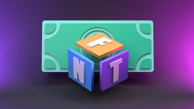 NFT composition from multicolored cubes and money Crypto concept 3d render