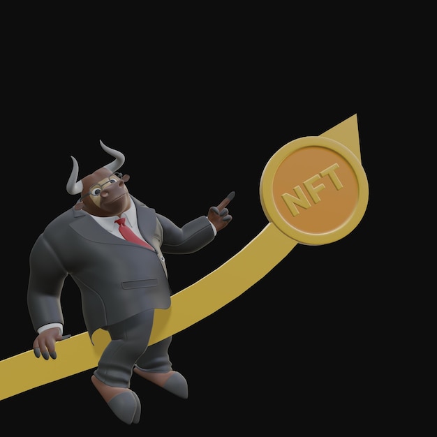 NFT Crypto Corporate Bull Buy アニメキャラクター Riding Arrow マーケットアップトレンド 3Dイラスト