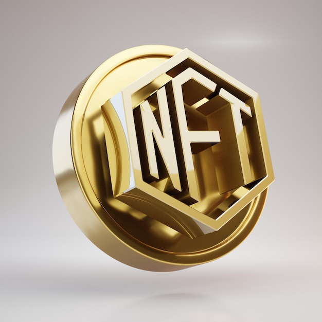 NFT暗号通貨アイコンコイン。ゴールドの3Dレンダリングされたコインで、白い背景に非代替トークンのシンボルが分離されています。
