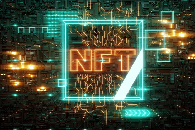 NFTデジタルアート、非代替トークン、ブロックチェーンテクノロジー。暗号化データブロック、収集、ユニークな部分。非代替暗号トークン。 3Dレンダリング、3Dイラスト。スペースをコピーします。