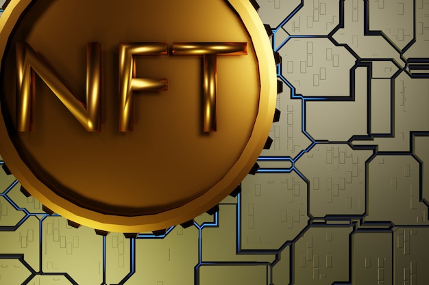 NFT gold coin on a hard surface motherboard background 3D rendering