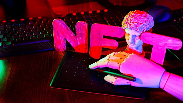 Не взаимозаменяемый токен NFT. Искусственная рука создает криптоискусство с помощью графического планшета. Гипсовая копия древней статуи и надпись NFT. Крипто-арт-концепция