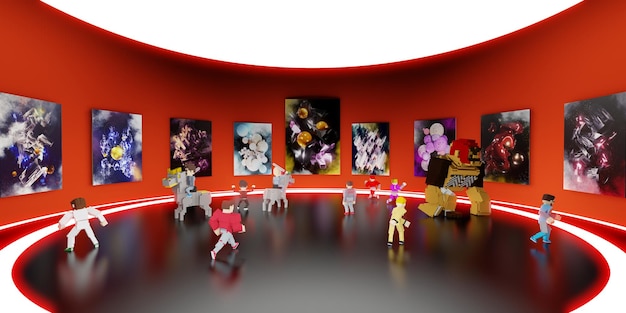 NFT op de sandbox NFTProjects Avatars op Metaverse en NFT Art Gallery 3D-illustraties