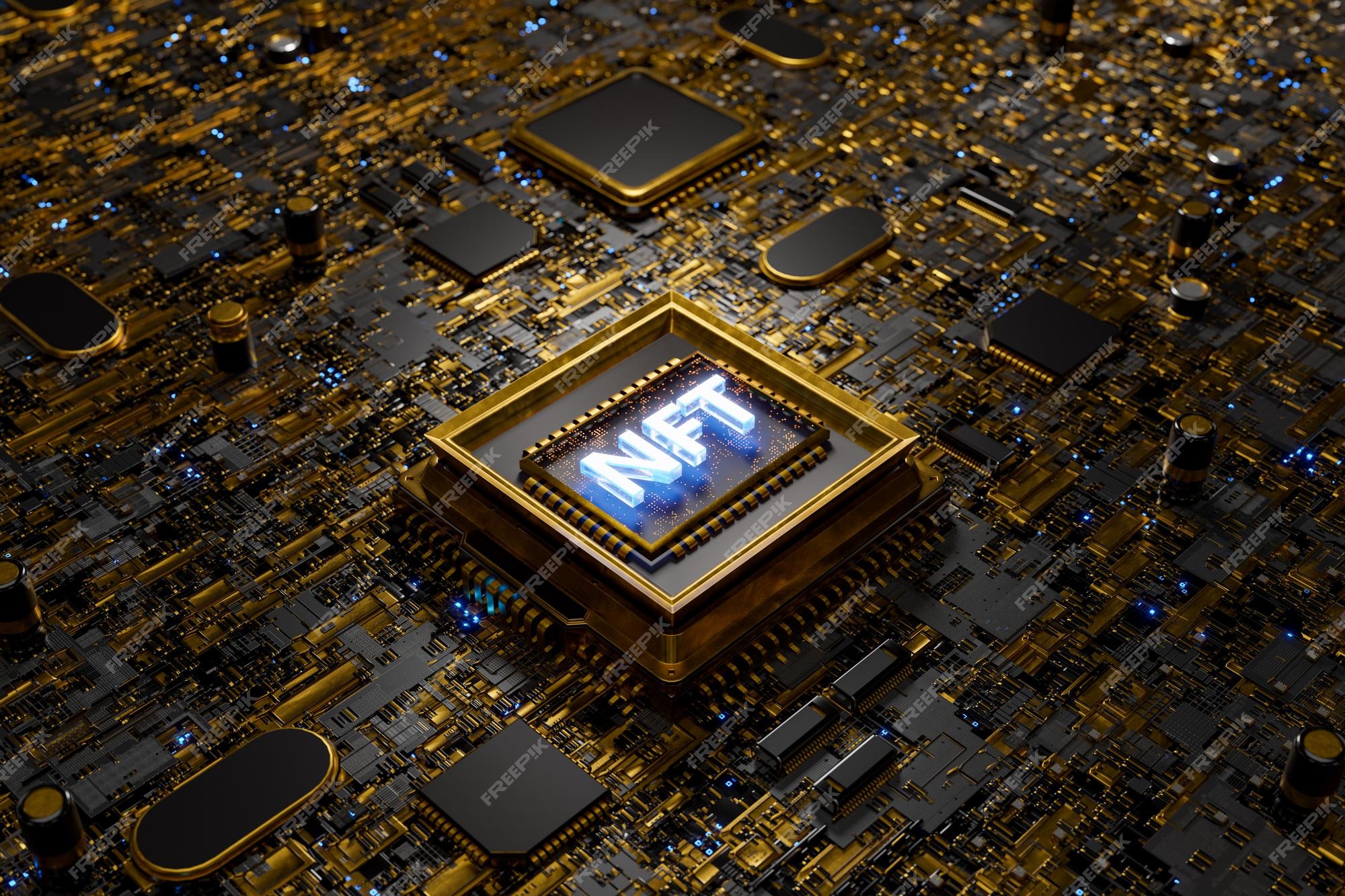 Premium Photo | Nft sign on a microchip on a golden electronic board Premium Photo | Nft sign on a microchip on a golden electronic board
