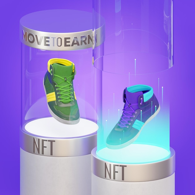 NFT-sneakers in cilindrische vitrines 3d illustratie van de crypto-trend MOVE TO EARN