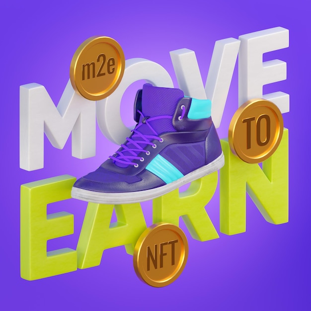 NFT-sneakers met het opschrift MOVE TO EARN en munten 3d illustratie van de crypto-trend