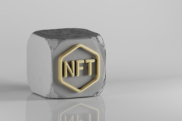 Икона токена NFT Красивые золотые иконы символа NFT на бетонном кубе и керамическом фоне 3D-рендерирования