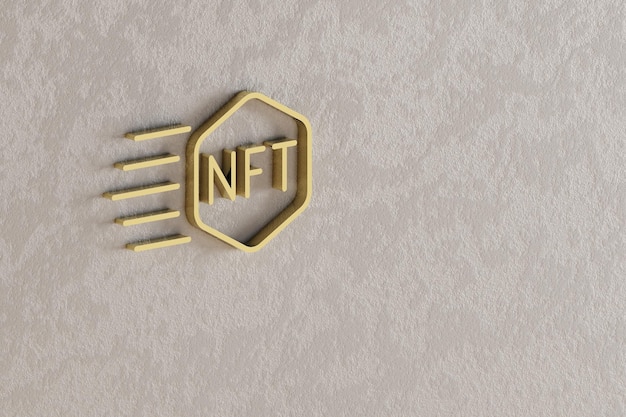 NFT 토큰 아이콘: 벽 배경 3D 렌더링 일러스트레이션에 아름다운 황금 NFT 기호 아이콘