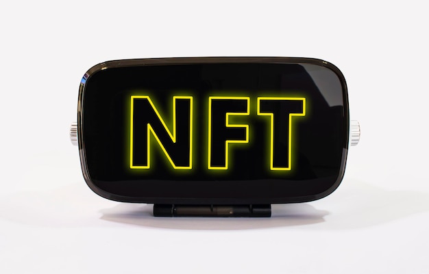 NFT written in Virtual reality helmet and mobile isolated on white background Modern NFT image