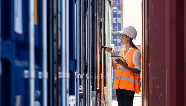 Ngineers houden toezicht op het vervoer van lading met containers