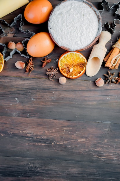 Ngredients for baking on the old wooden table 