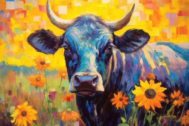 Nguni Bull Buffalo gemaakt van olieverf moderne kunst met zonnebloem Generatieve AI