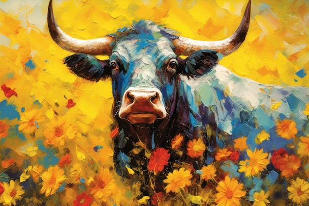 Nguni Bull Buffalo made of oil paint modern art with sunflower Generative AI