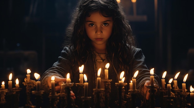 Nia hebrea frente a candelabro menorah encendiendo (Нья еврейская перед свечиной)