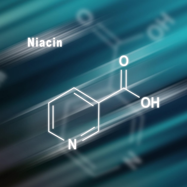 niacin (nicotinic acid) molecule, vitamin b3 structural chemical formula futuristic background