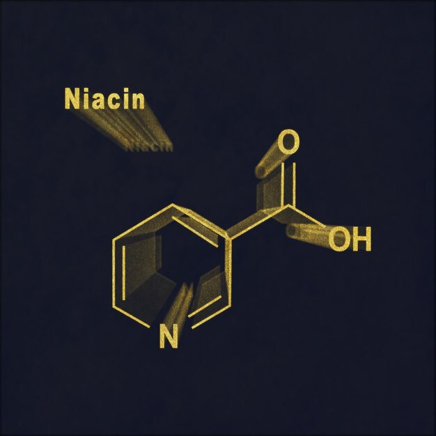 Foto molecola di niacina (acido nicotinico), vitamina b3 formula chimica strutturale oro su sfondo scuro