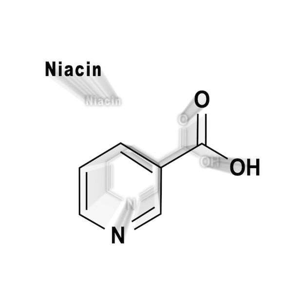 Molecola di niacina (acido nicotinico), vitamina b3 formula chimica strutturale su fondo bianco