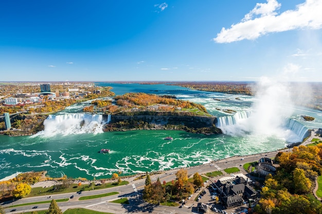 Niagara Falls American Falls and Horseshoe Falls in a sunny day in autumn foliage season